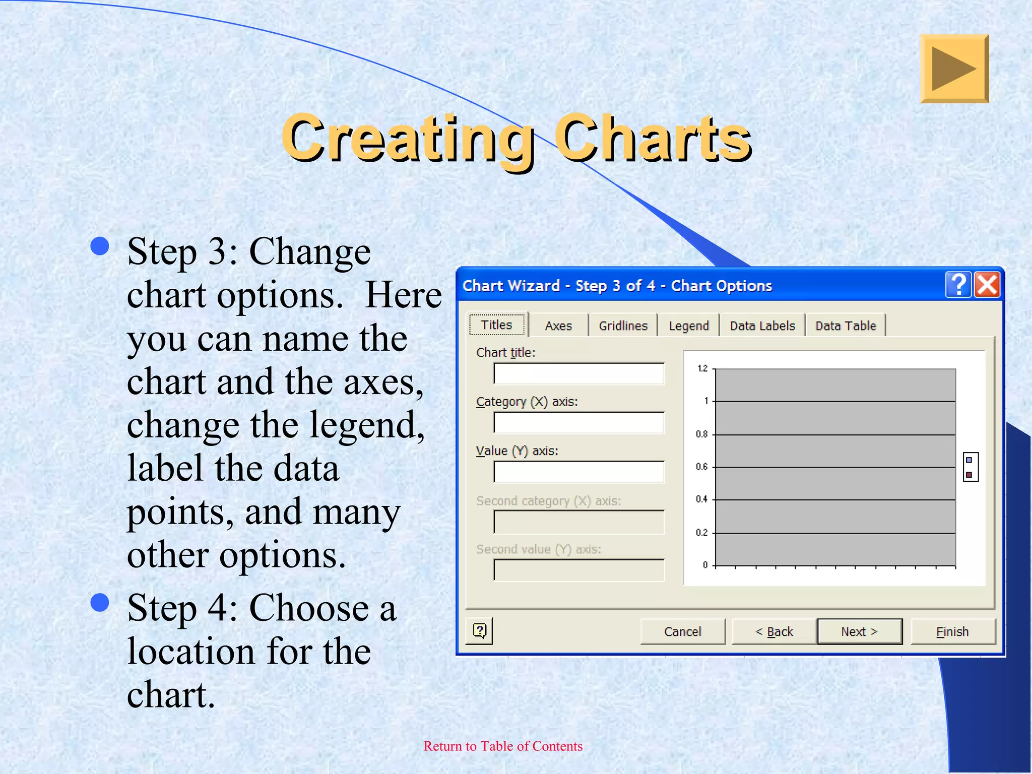 Return to Table of Contents
Creating ChartsCreating Charts
 Step 3: Change
chart options. Here
you can name the
chart and the axes,
change the legend,
label the data
points, and many
other options.
 Step 4: Choose a
location for the
chart.
 
