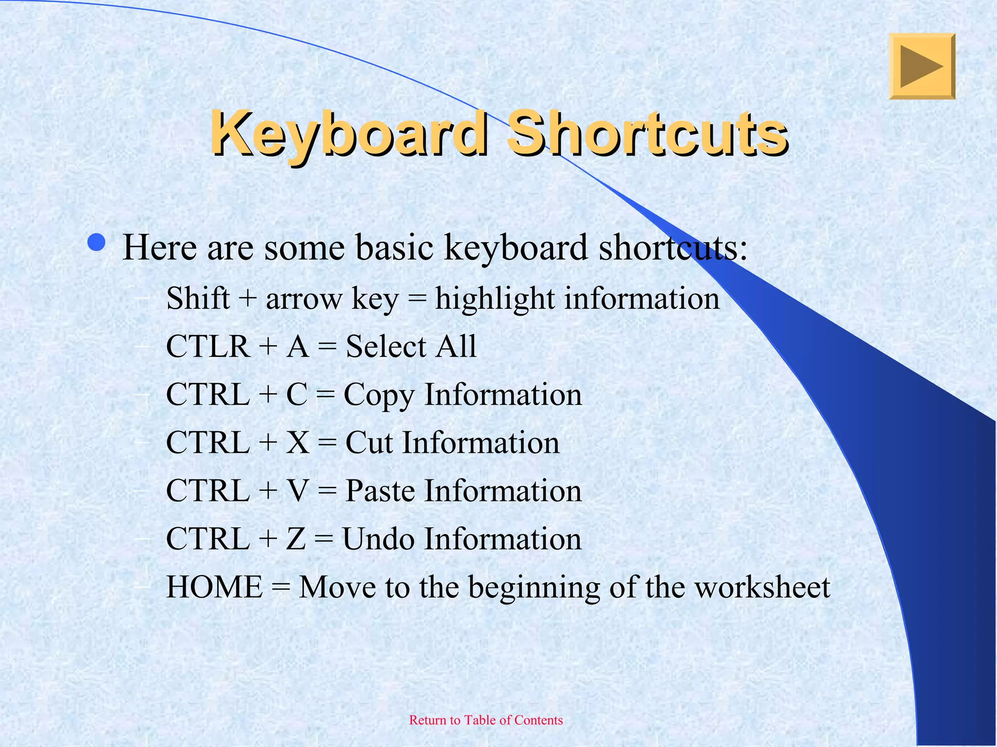 Return to Table of Contents
Keyboard ShortcutsKeyboard Shortcuts
 Here are some basic keyboard shortcuts:
– Shift + arrow key = highlight information
– CTLR + A = Select All
– CTRL + C = Copy Information
– CTRL + X = Cut Information
– CTRL + V = Paste Information
– CTRL + Z = Undo Information
– HOME = Move to the beginning of the worksheet
 