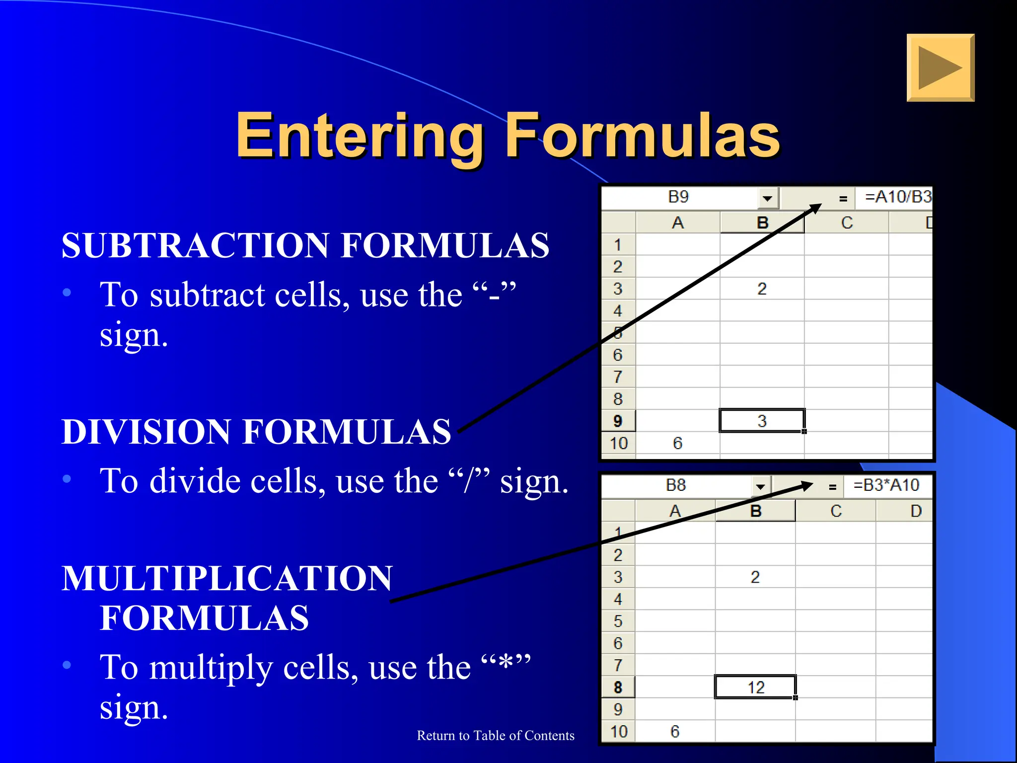 Return to Table of Contents
Entering Formulas
Entering Formulas
SUBTRACTION FORMULAS
• To subtract cells, use the “-”
sign.
DIVISION FORMULAS
• To divide cells, use the “/” sign.
MULTIPLICATION
FORMULAS
• To multiply cells, use the “*”
sign.
 
