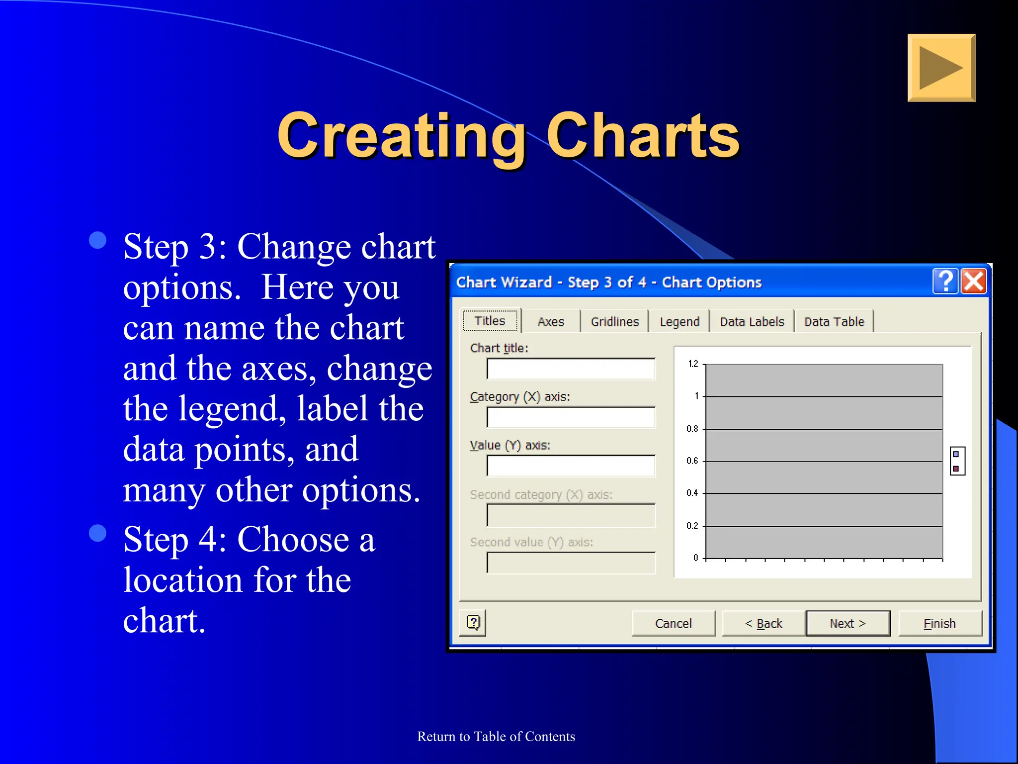 Return to Table of Contents
Creating Charts
Creating Charts
 Step 3: Change chart
options. Here you
can name the chart
and the axes, change
the legend, label the
data points, and
many other options.
 Step 4: Choose a
location for the
chart.
 