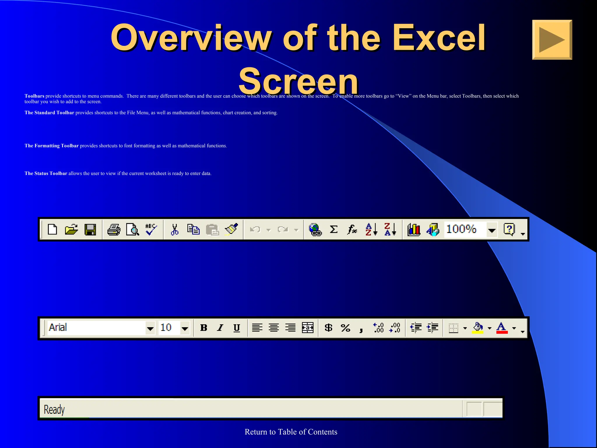 Return to Table of Contents
Overview of the Excel
Overview of the Excel
Screen
Screen
Toolbars provide shortcuts to menu commands. There are many different toolbars and the user can choose which toolbars are shown on the screen. To enable more toolbars go to “View” on the Menu bar, select Toolbars, then select which
toolbar you wish to add to the screen.
The Standard Toolbar provides shortcuts to the File Menu, as well as mathematical functions, chart creation, and sorting.
The Formatting Toolbar provides shortcuts to font formatting as well as mathematical functions.
The Status Toolbar allows the user to view if the current worksheet is ready to enter data.
 