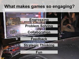 What makes games so engaging? Engrossing Problem Solving Collaboration Feedback Strategic Thinking Fun