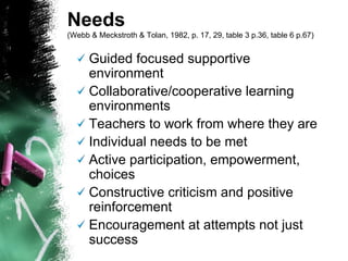 Needs  (Webb & Meckstroth & Tolan, 1982, p. 17, 29, table 3 p.36, table 6 p.67)   Guided focused supportive environment Collaborative/cooperative learning environments Teachers to work from where they are Individual needs to be met Active participation, empowerment, choices  Constructive criticism and positive reinforcement Encouragement at attempts not just success 