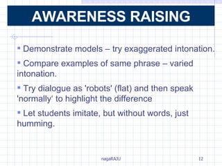 Demonstrate models – try exaggerated intonation.  Compare examples of same phrase – varied  intonation. Try dialogue as 'robots' (flat) and then speak  'normally‘ to highlight the difference Let students imitate, but without words, just  humming.   AWARENESS RAISING 