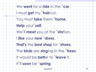 We  went  for a  ride  in the  ` car . I must  get  my  ` hair cut. You must  take  them  ` home . Help  your ` self . We’ll  meet  you at the  ` sta tion. I  like  your  new   ` dress . That’s  the  best   shop  for  ` shoes . The  birds  are  sing ing in the  ` trees . It would be  bett er to  ` leave  it. It’ll  soon  be  ` spring . 