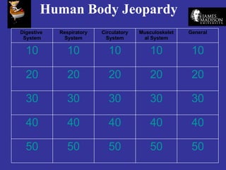 Human Body Jeopardy Digestive  System Respiratory System Circulatory System Musculoskeletal System General 10 10 10 10 10 20 20 20 20 20 30 30 30 30 30 40 40 40 40 40 50 50 50 50 50 