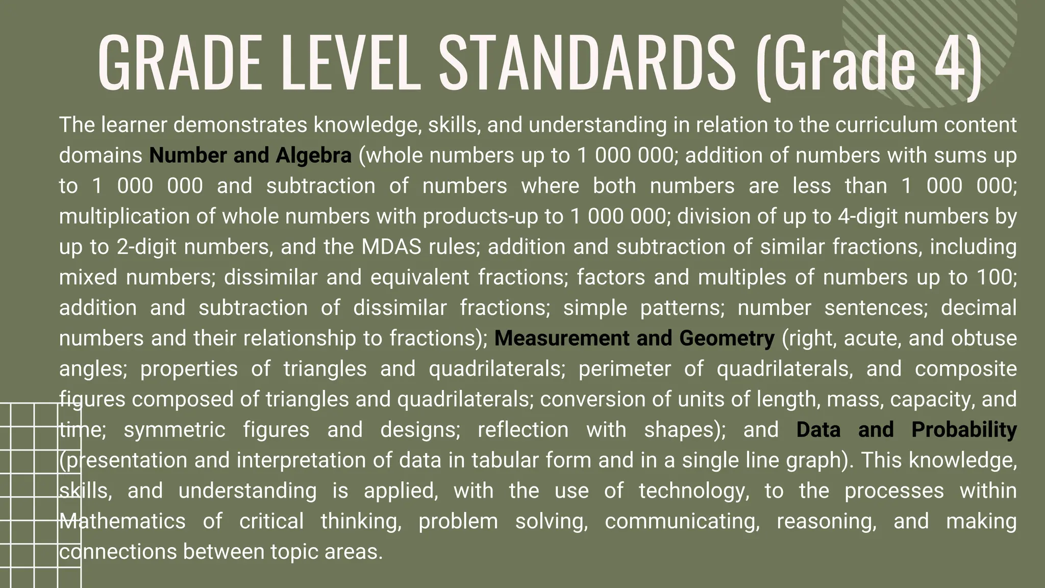 The learner demonstrates knowledge, skills, and understanding in relation to the curriculum content
domains Number and Algebra (whole numbers up to 1 000 000; addition of numbers with sums up
to 1 000 000 and subtraction of numbers where both numbers are less than 1 000 000;
multiplication of whole numbers with products-up to 1 000 000; division of up to 4-digit numbers by
up to 2-digit numbers, and the MDAS rules; addition and subtraction of similar fractions, including
mixed numbers; dissimilar and equivalent fractions; factors and multiples of numbers up to 100;
addition and subtraction of dissimilar fractions; simple patterns; number sentences; decimal
numbers and their relationship to fractions); Measurement and Geometry (right, acute, and obtuse
angles; properties of triangles and quadrilaterals; perimeter of quadrilaterals, and composite
figures composed of triangles and quadrilaterals; conversion of units of length, mass, capacity, and
time; symmetric figures and designs; reflection with shapes); and Data and Probability
(presentation and interpretation of data in tabular form and in a single line graph). This knowledge,
skills, and understanding is applied, with the use of technology, to the processes within
Mathematics of critical thinking, problem solving, communicating, reasoning, and making
connections between topic areas.
GRADE LEVEL STANDARDS (Grade 4)
 
