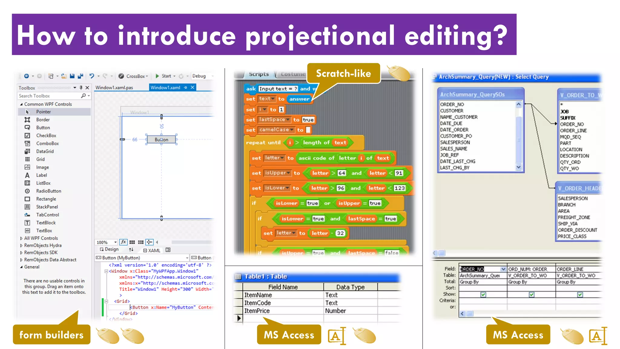 How to introduce projectional editing?
form builders
Scratch-like
MS Access MS Access
 