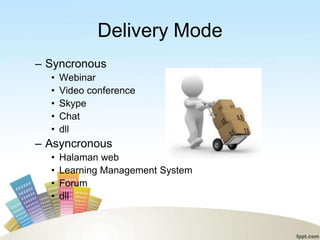Delivery Mode
– Syncronous
  •   Webinar
  •   Video conference
  •   Skype
  •   Chat
  •   dll
– Asyncronous
  •   Halaman web
  •   Learning Management System
  •   Forum
  •   dll
 