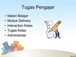 Tugas Pengajar
•   Materi Belajar
•   Modus Delivery
•   Interaction Kelas
•   Tugas Kelas
•   Administrasi
 