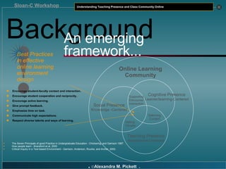 Background ! Best Practices in effective online learning environment design An emerging framework... Encourage student-faculty contact and interaction.   Encourage student cooperation and reciprocity. Encourage active learning. Give prompt feedback. Emphasize time on task. Communicate high expectations. Respect diverse talents and ways of learning. The Seven Principals of good Practice in Undergraduate Education - Chickering, and Gamson 1987. How people learn - Bransford et al, 2000 Critical Inquiry in a Text-based Environment - Garrison, Anderson, Rourke, and Archer, 2002. Online Learning Community Teaching Presence Assessment-Centered Social Presence Knowledge -Centered Cognitive Presence Learner/learning-Centered Setting  Climate Supporting Discourse/Interaction Selecting Content 