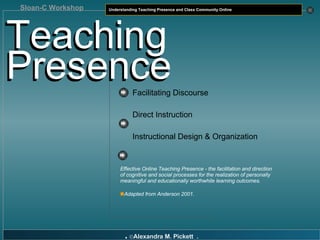 Teaching Presence Teaching Presence Facilitating Discourse Direct Instruction Instructional Design & Organization Effective Online Teaching Presence - the facilitation and direction of cognitive and social processes for the realization of personally meaningful and educationally worthwhile learning outcomes.  Adapted from Anderson 2001. 