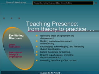 . . . Identifying areas of agreement and disagreement. Seeking to reach consensus and understanding. Encouraging, acknowledging, and reinforcing student contributions. Setting the climate for learning. Drawing in participants, prompting discussion/interaction. Assessing the efficacy of the process. Teaching Presence:   from theory to practice. . . F acilitating Discourse D irect Instruction I nstructional Design & Organization 