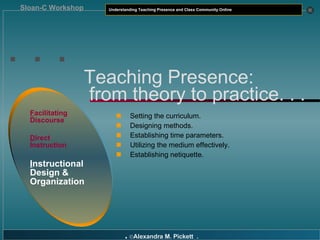 . . . F acilitating Discourse D irect Instruction I nstructional Design & Organization Setting the curriculum. Designing methods. Establishing time parameters. Utilizing the medium effectively. Establishing netiquette. Teaching Presence:   from theory to practice. . . 