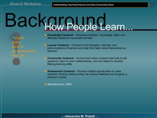Background Knowledge Centered  – Outcomes oriented - knowledge, skills, and attitudes needed for successful transfer. Learner Centered  – Connect to the strengths, interests, and preconceptions of learners and help them learn about themselves as learners. Community Centered  – Environment where students feel safe to ask questions, learn to work collaboratively, and are helped to develop lifelong learning skills. Assessment Centered  – Provide multiple opportunities to make students’ thinking visible so they can receive feedback and be given a chance to revise.   Bransford et al, 2000. ! People  learn  best in  environments  that are... How People Learn... 