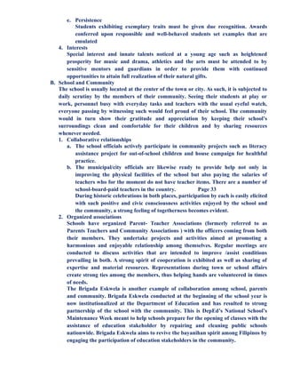 e. Persistence
Students exhibiting exemplary traits must be given due recognition. Awards
conferred upon responsible and well-behaved students set examples that are
emulated
4. Interests
Special interest and innate talents noticed at a young age such as heightened
prosperity for music and drama, athletics and the arts must be attended to by
sensitive mentors and guardians in order to provide them with continued
opportunities to attain full realization of their natural gifts.
B. School and Community
The school is usually located at the center of the town or city. As such, it is subjected to
daily scrutiny by the members of their community. Seeing their students at play or
work, personnel busy with everyday tasks and teachers with the usual eyeful watch,
everyone passing by witnessing such would feel proud of their school. The community
would in turn show their gratitude and appreciation by keeping their school’s
surroundings clean and comfortable for their children and by sharing resources
whenever needed.
1. Collaborative relationships
a. The school officials actively participate in community projects such as literacy
assistance project for out-of-school children and house campaign for healthful
practice.
b. The municipal/city officials are likewise ready to provide help not only in
improving the physical facilities of the school but also paying the salaries of
teachers who for the moment do not have teacher items. There are a number of
school-board-paid teachers in the country. Page 33
During historic celebrations in both places, participation by each is easily elicited
with such positive and civic consciousness activities enjoyed by the school and
the community, a strong feeling of togetherness becomes evident.
2. Organized associations
Schools have organized Parent- Teacher Associations (formerly referred to as
Parents Teachers and Community Associations ) with the officers coming from both
their members. They undertake projects and activities aimed at promoting a
harmonious and enjoyable relationship among themselves. Regular meetings are
conducted to discuss activities that are intended to improve /assist conditions
prevailing in both. A strong spirit of cooperation is exhibited as well as sharing of
expertise and material resources. Representations during town or school affairs
create strong ties among the members, thus helping hands are volunteered in times
of needs.
The Brigada Eskwela is another example of collaboration among school, parents
and community. Brigada Eskwela conducted at the beginning of the school year is
now institutionalized at the Department of Education and has resulted to strong
partnership of the school with the community. This is DepEd’s National School’s
Maintenance Week meant to help schools prepare for the opening of classes with the
assistance of education stakeholder by repairing and cleaning public schools
nationwide. Brigada Eskwela aims to revive the bayanihan spirit among Filipinos by
engaging the participation of education stakeholders in the community.
 