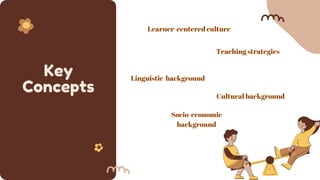 Key
Concepts
Learner-centered culture
Teaching strategies
Linguistic background
Cultural background
Socio-economic
background
 