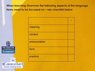 When teaching Grammar the following aspects of the language items need to be focussed on – see checklist below      practice     form     pronunciation     context     meaning        Teacher Training Center 