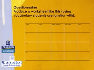 Questionnaires Produce a worksheet like this (using vocabulary students are familiar with):  Teacher Training Center             3              2              1  cook  play tennis  speak French  swim  name  