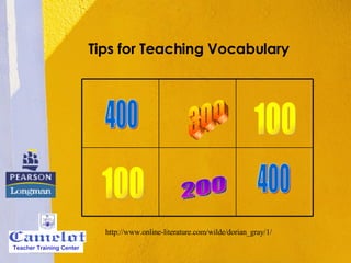 Tips for Teaching Vocabulary 200 100 300 400 100 400 http://www.online-literature.com/wilde/dorian_gray/1/ Teacher Training Center 