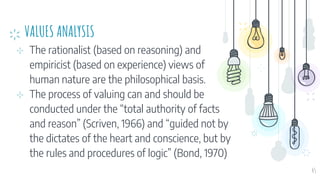 VALUES ANALYSIS
⊹ The rationalist (based on reasoning) and
empiricist (based on experience) views of
human nature are the philosophical basis.
⊹ The process of valuing can and should be
conducted under the “total authority of facts
and reason” (Scriven, 1966) and “guided not by
the dictates of the heart and conscience, but by
the rules and procedures of logic” (Bond, 1970)
45
 