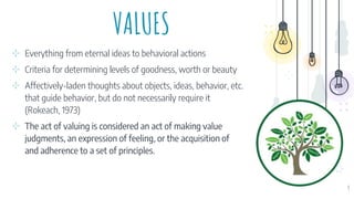 VALUES
⊹ Everything from eternal ideas to behavioral actions
⊹ Criteria for determining levels of goodness, worth or beauty
⊹ Affectively-laden thoughts about objects, ideas, behavior, etc.
that guide behavior, but do not necessarily require it
(Rokeach, 1973)
⊹ The act of valuing is considered an act of making value
judgments, an expression of feeling, or the acquisition of
and adherence to a set of principles.
9
 