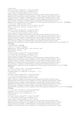 </section>
<section data-index="7" class="slide">
<i class="fa fa-spinner fa-spin"></i>
<img class="slide_image" src="" data-
small="http://image.slidesharecdn.com/group5-150831121847-lva1-
app6892/85/teaching-visual-symbols-7-320.jpg?cb=1441023619" data-
normal="http://image.slidesharecdn.com/group5-150831121847-lva1-
app6892/95/teaching-visual-symbols-7-638.jpg?cb=1441023619" data-
full="http://image.slidesharecdn.com/group5-150831121847-lva1-
app6892/95/teaching-visual-symbols-7-1024.jpg?cb=1441023619" alt="D. DIAGRAMS
- any line drawing that shows
arrangement and relations as of parts to the
whole, relative values, origins and..."/>
</section>
<section data-index="8" class="slide">
<i class="fa fa-spinner fa-spin"></i>
<img class="slide_image" src="" data-
small="http://image.slidesharecdn.com/group5-150831121847-lva1-
app6892/85/teaching-visual-symbols-8-320.jpg?cb=1441023619" data-
normal="http://image.slidesharecdn.com/group5-150831121847-lva1-
app6892/95/teaching-visual-symbols-8-638.jpg?cb=1441023619" data-
full="http://image.slidesharecdn.com/group5-150831121847-lva1-
app6892/95/teaching-visual-symbols-8-1024.jpg?cb=1441023619" alt="TYPES OF
DIAGRAMS
ï€¶ AFFINITY DIAGRAM
-used to cluster complex
apparently unrelated data into natural and
meaningful groups..."/>
</section>
<section data-index="9" class="slide">
<i class="fa fa-spinner fa-spin"></i>
<img class="slide_image" src="" data-
small="http://image.slidesharecdn.com/group5-150831121847-lva1-
app6892/85/teaching-visual-symbols-9-320.jpg?cb=1441023619" data-
normal="http://image.slidesharecdn.com/group5-150831121847-lva1-
app6892/95/teaching-visual-symbols-9-638.jpg?cb=1441023619" data-
full="http://image.slidesharecdn.com/group5-150831121847-lva1-
app6892/95/teaching-visual-symbols-9-1024.jpg?cb=1441023619" alt="ï€¶TREE
DIAGRAM
- used to chart out, in increasing detail,
the various task that must be
accomplished to complete a project ..."/>
</section>
<section data-index="10" class="slide">
<i class="fa fa-spinner fa-spin"></i>
<img class="slide_image" src="" data-
small="http://image.slidesharecdn.com/group5-150831121847-lva1-
app6892/85/teaching-visual-symbols-10-320.jpg?cb=1441023619" data-
normal="http://image.slidesharecdn.com/group5-150831121847-lva1-
app6892/95/teaching-visual-symbols-10-638.jpg?cb=1441023619" data-
full="http://image.slidesharecdn.com/group5-150831121847-lva1-
app6892/95/teaching-visual-symbols-10-1024.jpg?cb=1441023619" alt="ï€¶ FISHBONE
DIAGRAM
- it is also called as cause-and-effect
diagram. It is structured form of
brainstorming that graphicall..."/>
</section>
<section data-index="11" class="slide">
<i class="fa fa-spinner fa-spin"></i>
<img class="slide_image" src="" data-
small="http://image.slidesharecdn.com/group5-150831121847-lva1-
app6892/85/teaching-visual-symbols-11-320.jpg?cb=1441023619" data-
normal="http://image.slidesharecdn.com/group5-150831121847-lva1-
app6892/95/teaching-visual-symbols-11-638.jpg?cb=1441023619" data-
 