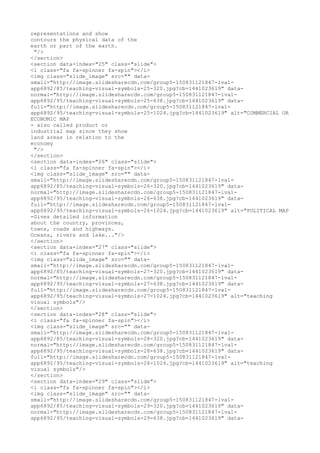 representations and show
contours the physical data of the
earth or part of the earth.
"/>
</section>
<section data-index="25" class="slide">
<i class="fa fa-spinner fa-spin"></i>
<img class="slide_image" src="" data-
small="http://image.slidesharecdn.com/group5-150831121847-lva1-
app6892/85/teaching-visual-symbols-25-320.jpg?cb=1441023619" data-
normal="http://image.slidesharecdn.com/group5-150831121847-lva1-
app6892/95/teaching-visual-symbols-25-638.jpg?cb=1441023619" data-
full="http://image.slidesharecdn.com/group5-150831121847-lva1-
app6892/95/teaching-visual-symbols-25-1024.jpg?cb=1441023619" alt="COMMERCIAL OR
ECONOMIC MAP
- also called product or
industrial map since they show
land areas in relation to the
economy
"/>
</section>
<section data-index="26" class="slide">
<i class="fa fa-spinner fa-spin"></i>
<img class="slide_image" src="" data-
small="http://image.slidesharecdn.com/group5-150831121847-lva1-
app6892/85/teaching-visual-symbols-26-320.jpg?cb=1441023619" data-
normal="http://image.slidesharecdn.com/group5-150831121847-lva1-
app6892/95/teaching-visual-symbols-26-638.jpg?cb=1441023619" data-
full="http://image.slidesharecdn.com/group5-150831121847-lva1-
app6892/95/teaching-visual-symbols-26-1024.jpg?cb=1441023619" alt="POLITICAL MAP
-Gives detailed information
about the country, provinces,
towns, roads and highways.
Oceans, rivers and lake..."/>
</section>
<section data-index="27" class="slide">
<i class="fa fa-spinner fa-spin"></i>
<img class="slide_image" src="" data-
small="http://image.slidesharecdn.com/group5-150831121847-lva1-
app6892/85/teaching-visual-symbols-27-320.jpg?cb=1441023619" data-
normal="http://image.slidesharecdn.com/group5-150831121847-lva1-
app6892/95/teaching-visual-symbols-27-638.jpg?cb=1441023619" data-
full="http://image.slidesharecdn.com/group5-150831121847-lva1-
app6892/95/teaching-visual-symbols-27-1024.jpg?cb=1441023619" alt="teaching
visual symbols"/>
</section>
<section data-index="28" class="slide">
<i class="fa fa-spinner fa-spin"></i>
<img class="slide_image" src="" data-
small="http://image.slidesharecdn.com/group5-150831121847-lva1-
app6892/85/teaching-visual-symbols-28-320.jpg?cb=1441023619" data-
normal="http://image.slidesharecdn.com/group5-150831121847-lva1-
app6892/95/teaching-visual-symbols-28-638.jpg?cb=1441023619" data-
full="http://image.slidesharecdn.com/group5-150831121847-lva1-
app6892/95/teaching-visual-symbols-28-1024.jpg?cb=1441023619" alt="teaching
visual symbols"/>
</section>
<section data-index="29" class="slide">
<i class="fa fa-spinner fa-spin"></i>
<img class="slide_image" src="" data-
small="http://image.slidesharecdn.com/group5-150831121847-lva1-
app6892/85/teaching-visual-symbols-29-320.jpg?cb=1441023619" data-
normal="http://image.slidesharecdn.com/group5-150831121847-lva1-
app6892/95/teaching-visual-symbols-29-638.jpg?cb=1441023619" data-
 
