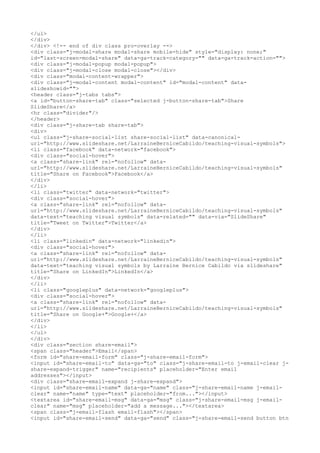 </ul>
</div>
</div> <!-- end of div class pro-overlay -->
<div class="j-modal-share modal-share mobile-hide" style="display: none;"
id="last-screen-modal-share" data-ga-track-category="" data-ga-track-action="">
<div class="j-modal-popup modal-popup">
<div class="j-modal-close modal-close"></div>
<div class="modal-content-wrapper">
<div class="j-modal-content modal-content" id="modal-content" data-
slideshowid="">
<header class="j-tabs tabs">
<a id="button-share-tab" class="selected j-button-share-tab">Share
SlideShare</a>
<hr class="divider"/>
</header>
<div class="j-share-tab share-tab">
<div>
<ul class="j-share-social-list share-social-list" data-canonical-
url="http://www.slideshare.net/LarraineBerniceCabildo/teaching-visual-symbols">
<li class="facebook" data-network="facebook">
<div class="social-hover">
<a class="share-link" rel="nofollow" data-
url="http://www.slideshare.net/LarraineBerniceCabildo/teaching-visual-symbols"
title="Share on Facebook">Facebook</a>
</div>
</li>
<li class="twitter" data-network="twitter">
<div class="social-hover">
<a class="share-link" rel="nofollow" data-
url="http://www.slideshare.net/LarraineBerniceCabildo/teaching-visual-symbols"
data-text="teaching visual symbols" data-related="" data-via="SlideShare"
title="Tweet on Twitter">Twitter</a>
</div>
</li>
<li class="linkedin" data-network="linkedin">
<div class="social-hover">
<a class="share-link" rel="nofollow" data-
url="http://www.slideshare.net/LarraineBerniceCabildo/teaching-visual-symbols"
data-text="teaching visual symbols by Larraine Bernice Cabildo via slideshare"
title="Share on LinkedIn">LinkedIn</a>
</div>
</li>
<li class="googleplus" data-network="googleplus">
<div class="social-hover">
<a class="share-link" rel="nofollow" data-
url="http://www.slideshare.net/LarraineBerniceCabildo/teaching-visual-symbols"
title="Share on Google+">Google+</a>
</div>
</li>
</ul>
</div>
<div class="section share-email">
<span class="header">Email</span>
<form id="share-email-form" class="j-share-email-form">
<input id="share-email-to" data-ga="to" class="j-share-email-to j-email-clear j-
share-expand-trigger" name="recipients" placeholder="Enter email
addresses"></input>
<div class="share-email-expand j-share-expand">
<input id="share-email-name" data-ga="name" class="j-share-email-name j-email-
clear" name="name" type="text" placeholder="from..."></input>
<textarea id="share-email-msg" data-ga="msg" class="j-share-email-msg j-email-
clear" name="msg" placeholder="add a message..."></textarea>
<span class="j-email-flash email-flash"></span>
<input id="share-email-send" data-ga="send" class="j-share-email-send button btn
 