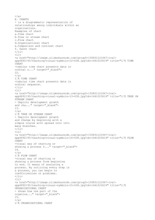 </a>
E. CHARTS
- is a diagrammatic representation of
relationships among individuals within an
organizations.
Examples of chart
a.Time chart
b.Tree or stream chart
c.Flow chart
d.Organizational chart
e.Comparison and contrast chart
f. Gannt chart
</li>
<li>
<a href="http://image.slidesharecdn.com/group5-150831121847-lva1-
app6892/95/teaching-visual-symbols-12-638.jpg?cb=1441023619" title="ï€¶ TIME
CHART
-tabular time chart presents data in
ordinal s..." target="_blank">
12.
</a>
ï€¶ TIME CHART
-tabular time chart presents data in
ordinal sequence.
</li>
<li>
<a href="http://image.slidesharecdn.com/group5-150831121847-lva1-
app6892/95/teaching-visual-symbols-13-638.jpg?cb=1441023619" title="ï€¶ TREE OR
STREAM CHART
- Depicts development growth
and cha..." target="_blank">
13.
</a>
ï€¶ TREE OR STREAM CHART
- Depicts development growth
and change by beginning with a
simple course with spread outs into
many branches.
</li>
<li>
<a href="http://image.slidesharecdn.com/group5-150831121847-lva1-
app6892/95/teaching-visual-symbols-14-638.jpg?cb=1441023619" title="ï€¶ FLOW
CHART
-visual way of charting or
showing a process f..." target="_blank">
14.
</a>
ï€¶ FLOW CHART
-visual way of charting or
showing a process from beginning
to end. It means of analyzing a
process. By outlining every step in
a process, you can begin to
inefficiencies or problems.
</li>
<li>
<a href="http://image.slidesharecdn.com/group5-150831121847-lva1-
app6892/95/teaching-visual-symbols-15-638.jpg?cb=1441023619" title="ï€¶
ORGANIZATIONAL CHART
- shows how one part of the
organiza..." target="_blank">
15.
</a>
ï€¶ ORGANIZATIONAL CHART
 