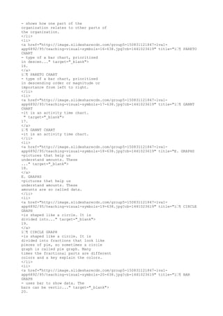 - shows how one part of the
organization relates to other parts of
the organization.
</li>
<li>
<a href="http://image.slidesharecdn.com/group5-150831121847-lva1-
app6892/95/teaching-visual-symbols-16-638.jpg?cb=1441023619" title="ï€¶ PARETO
CHART
- type of a bar chart, prioritized
in descen..." target="_blank">
16.
</a>
ï€¶ PARETO CHART
- type of a bar chart, prioritized
in descending order or magnitude or
importance from left to right.
</li>
<li>
<a href="http://image.slidesharecdn.com/group5-150831121847-lva1-
app6892/95/teaching-visual-symbols-17-638.jpg?cb=1441023619" title="ï€¶ GANNT
CHART
-it is an activity time chart.
" target="_blank">
17.
</a>
ï€¶ GANNT CHART
-it is an activity time chart.
</li>
<li>
<a href="http://image.slidesharecdn.com/group5-150831121847-lva1-
app6892/95/teaching-visual-symbols-18-638.jpg?cb=1441023619" title="E. GRAPHS
-pictures that help us
understand amounts. These
..." target="_blank">
18.
</a>
E. GRAPHS
-pictures that help us
understand amounts. These
amounts are so called data.
</li>
<li>
<a href="http://image.slidesharecdn.com/group5-150831121847-lva1-
app6892/95/teaching-visual-symbols-19-638.jpg?cb=1441023619" title="ï€¶ CIRCLE
GRAPH
-is shaped like a circle. It is
divided into..." target="_blank">
19.
</a>
ï€¶ CIRCLE GRAPH
-is shaped like a circle. It is
divided into fractions that look like
pieces of pie, so sometimes a circle
graph is called pie graph. Many
times the fractional parts are different
colors and a key explain the colors.
</li>
<li>
<a href="http://image.slidesharecdn.com/group5-150831121847-lva1-
app6892/95/teaching-visual-symbols-20-638.jpg?cb=1441023619" title="ï€¶ BAR
GRAPH
- uses bar to show data. The
bars can be vertic..." target="_blank">
20.
 