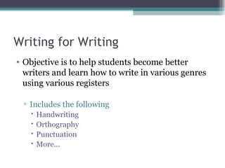 Writing for Writing <ul><li>Objective is to help students become better writers and learn how to write in various genres u...