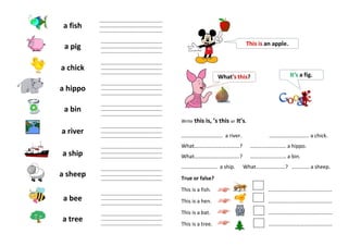a fish
a pig
a chick
a hippo
a bin
a river
a ship
a sheep
a bee
a tree
Write this is, ’s this or It’s.
…………………………. a river. ………………………… a chick.
What…………………………….? ……………………… a hippo.
What…………………………….? ……………………… a bin.
……………………… a ship. What………………….? …………. a sheep.
True or false?
This is a fish. …………………………………………
This is a hen. …………………………………………
This is a bat. …………………………………………
This is a tree. …………………………………………
__________________________________
__________________________________
__________________________________
_________________________________
_________________________________
_________________________________
__
_________________________________
_________________________________
_________________________________
___
_________________________________
_________________________________
_________________________________
___
_________________________________
_________________________________
_________________________________
___
_________________________________
_________________________________
_________________________________
___
_________________________________
_________________________________
_________________________________
___
_________________________________
_________________________________
_________________________________
___
_________________________________
_________________________________
_________________________________
___
_________________________________
_________________________________
_________________________________
___
 