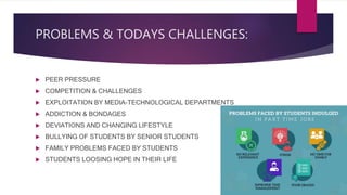 PROBLEMS & TODAYS CHALLENGES:
 PEER PRESSURE
 COMPETITION & CHALLENGES
 EXPLOITATION BY MEDIA-TECHNOLOGICAL DEPARTMENTS
 ADDICTION & BONDAGES
 DEVIATIONS AND CHANGING LIFESTYLE
 BULLYING OF STUDENTS BY SENIOR STUDENTS
 FAMILY PROBLEMS FACED BY STUDENTS
 STUDENTS LOOSING HOPE IN THEIR LIFE
 