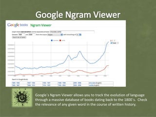 Google´s Ngram Viewer allows you to track the evolution of language
through a massive database of books dating back to the 1800´s. Check
the relevance of any given word in the course of written history.
 