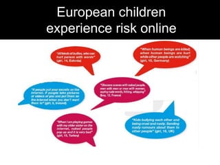 In the past 12 months have you
seen or experienced potentially
harmful user-generated
content?
31%
of European children
ag...