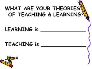 WHAT ARE YOUR THEORIES
 OF TEACHING & LEARNING?

LEARNING is ______________

TEACHING is ______________
 