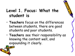 Level 1. Focus: What the
 student is
• Teachers focus on the differences
  between students, there are good
  students and poor students.
• Teachers see their responsibility as
  knowing the content well, and
  expounding it clearly.
 