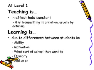 At Level 1
Teaching is…
• in effect held constant
   - it is transmitting information, usually by
  lecturing

Learning is…
• due to differences between students in:
  - Ability
  - Motivation
  - What sort of school they went to
  - Ethnicity
  - And so on
 