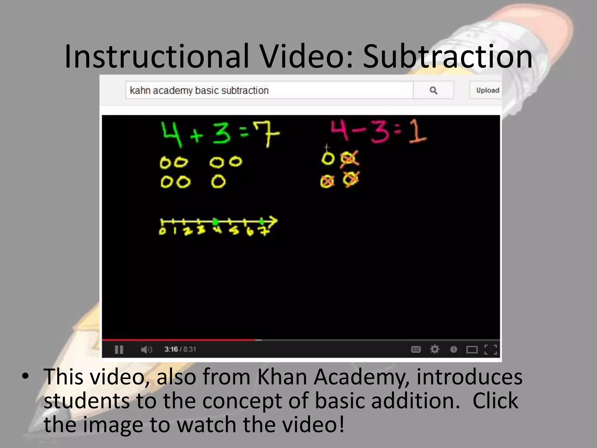 Instructional Video: Subtraction

• This video, also from Khan Academy, introduces
students to the concept of basic addition. Click
the image to watch the video!

 