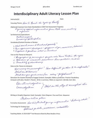 Meagen Farrell @farrellink farrellink.com
Interdisciplinary Adult literacy lesson Plan
Instructor(s):
Focusing Theme: JJrw-;G ~~ du 'r':'"f- ~4
(Optional) Common Core State Standard(s) or GED Test Assessment Target(s): "
t2e~~~~~~~~
#.~v
Date:
Data on the Theme to Interpret: . ~ . ~ M~jl//; ~.-:>
~~tJvt&FL~~ k-~flpv~:Lz rr~~'
jjt/vtd" M-<.-fo ~w
.Y''-dA·U'r.r~/1U<- ~? ~ .~
Directions for Student Activity to Engage Content: Examples: Make a prediction. Practice Vocabulary.
Compute with data. Reader's Theater. Write a summary. Make an argument. Identify main idea.
Writing or Graphic Organizer Used: Examples: Venn Diagram. Pros and Cons. Sequence.
c::2r~~a.~~ " _L_/L ..,.
. ~ • tlAIA~~ '>. ~~~ ~~-
Formative Assessment: )!/..rw- j..yL~;t; r--r~v ." , . --
Technology for Student Use:+- . /l. czz:~~ rd-lGU~f~Ji ~pv
Teaching Adults: A 2014 GED®Test Resource Book by New Readers Press
 