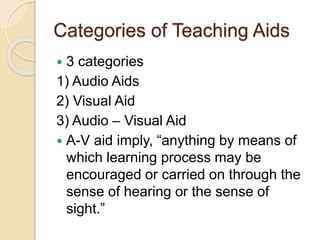 Categories of Teaching Aids 
 3 categories 
1) Audio Aids 
2) Visual Aid 
3) Audio – Visual Aid 
 A-V aid imply, “anything by means of 
which learning process may be 
encouraged or carried on through the 
sense of hearing or the sense of 
sight.” 
 
