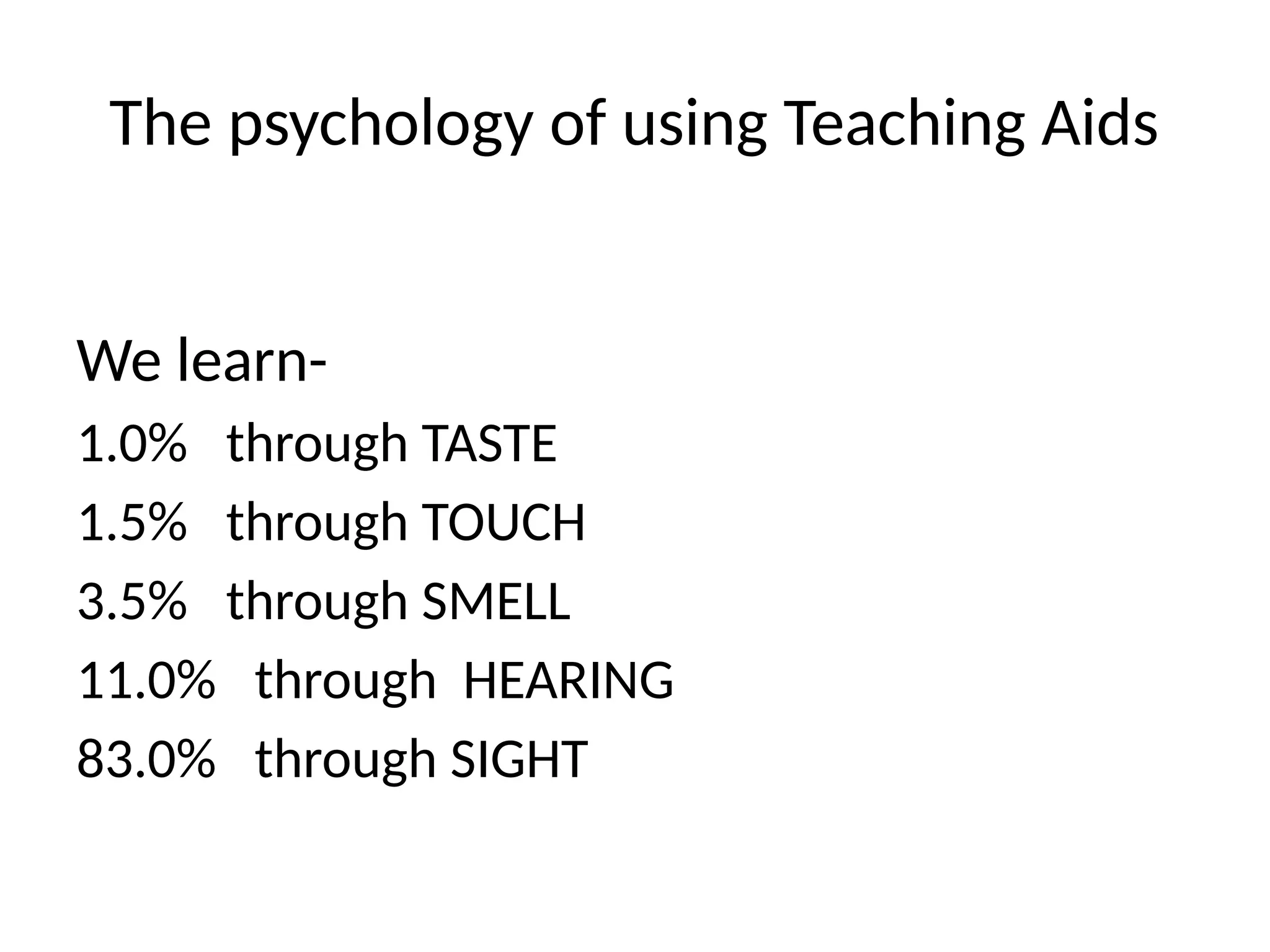 The psychology of using Teaching Aids
We learn-
1.0% through TASTE
1.5% through TOUCH
3.5% through SMELL
11.0% through HEARING
83.0% through SIGHT
 