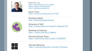 Robert W. Lee
https://www.linkedin.com/in/roblee
https://twitter.com/leerobertw
http://robertwlee.weebly.com
Master’s Thesis
https://scholarsarchive.byu.edu/etd/3519
Bootstrap website
http://www.bootstrapworld.org/
Schanzuer at TedX
https://www.youtube.com/watch?v=FbqnaoU-3VI
Bootstrap on Code.org
https://studio.code.org/s/algebra
Schanzer Doctoral Thesis
https://dash.harvard.edu/handle/1/16461037
Educator Resources
https://code.org/educate/curriculum/3rd-party
 