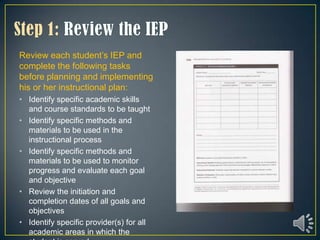 Review each student’s IEP and
complete the following tasks
before planning and implementing
his or her instructional plan:
• Identify specific academic skills
  and course standards to be taught
• Identify specific methods and
  materials to be used in the
  instructional process
• Identify specific methods and
  materials to be used to monitor
  progress and evaluate each goal
  and objective
• Review the initiation and
  completion dates of all goals and
  objectives
• Identify specific provider(s) for all
  academic areas in which the
 