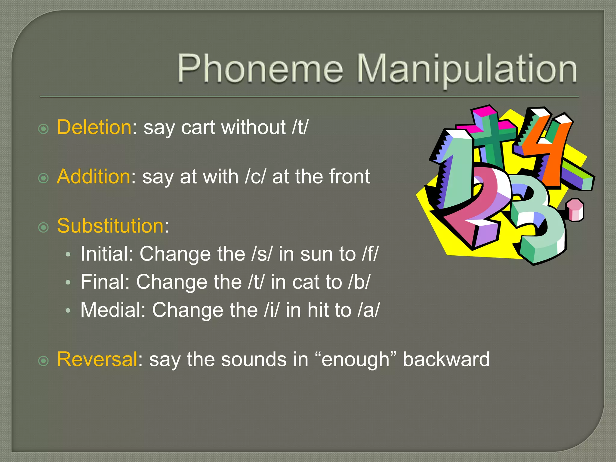 Phoneme ManipulationDeletion: say cart without /t/Addition: say at with /c/ at the frontSubstitution:Initial: Change the /s/ in sun to /f/Final: Change the /t/ in cat to /b/Medial: Change the /i/ in hit to /a/Reversal: say the sounds in “enough” backward