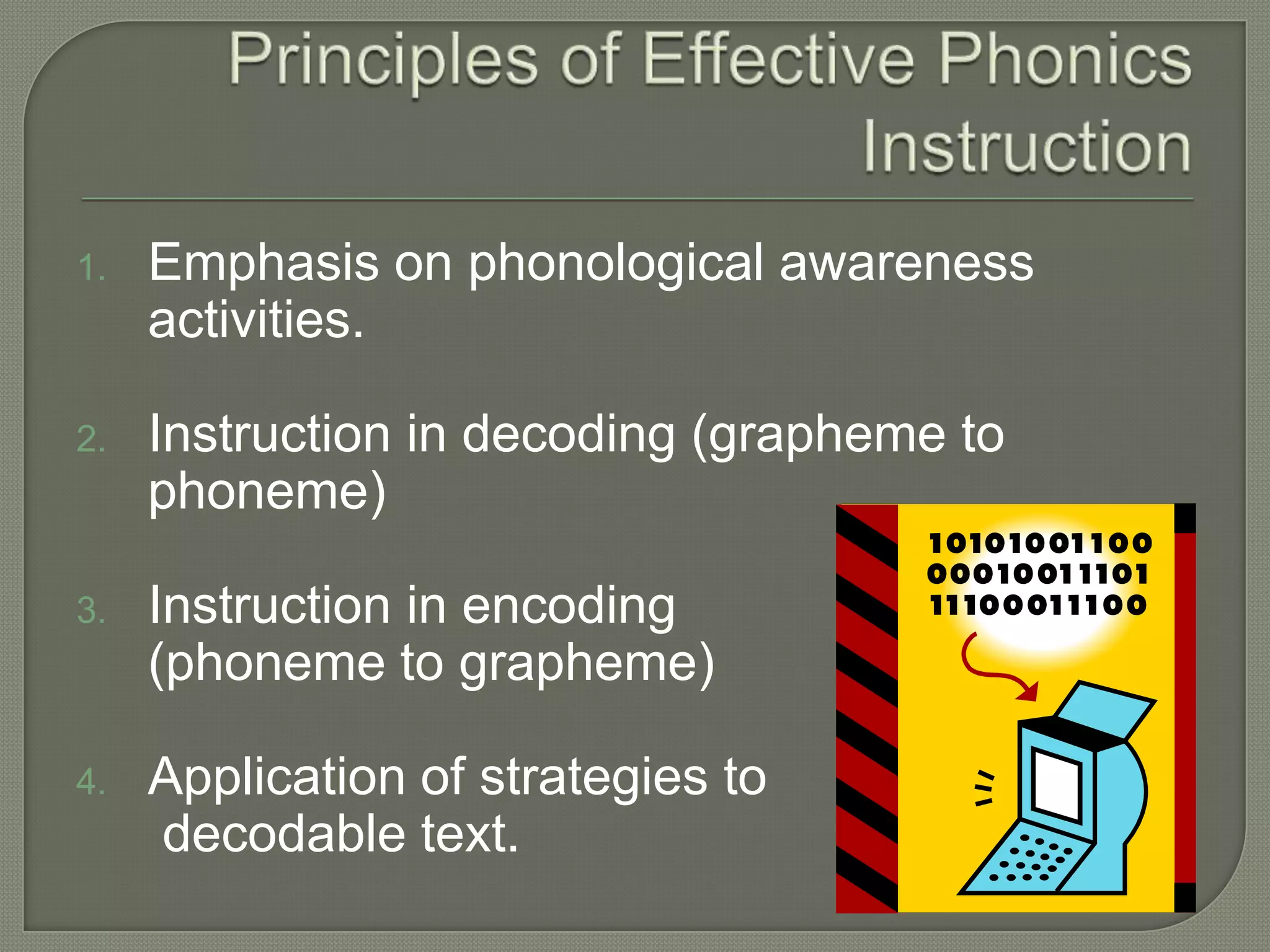 Principles of Effective Phonics InstructionEmphasis on phonological awareness activities.Instruction in decoding (grapheme to phoneme)Instruction in encoding 	(phoneme to grapheme)Application of strategies to	 decodable text.