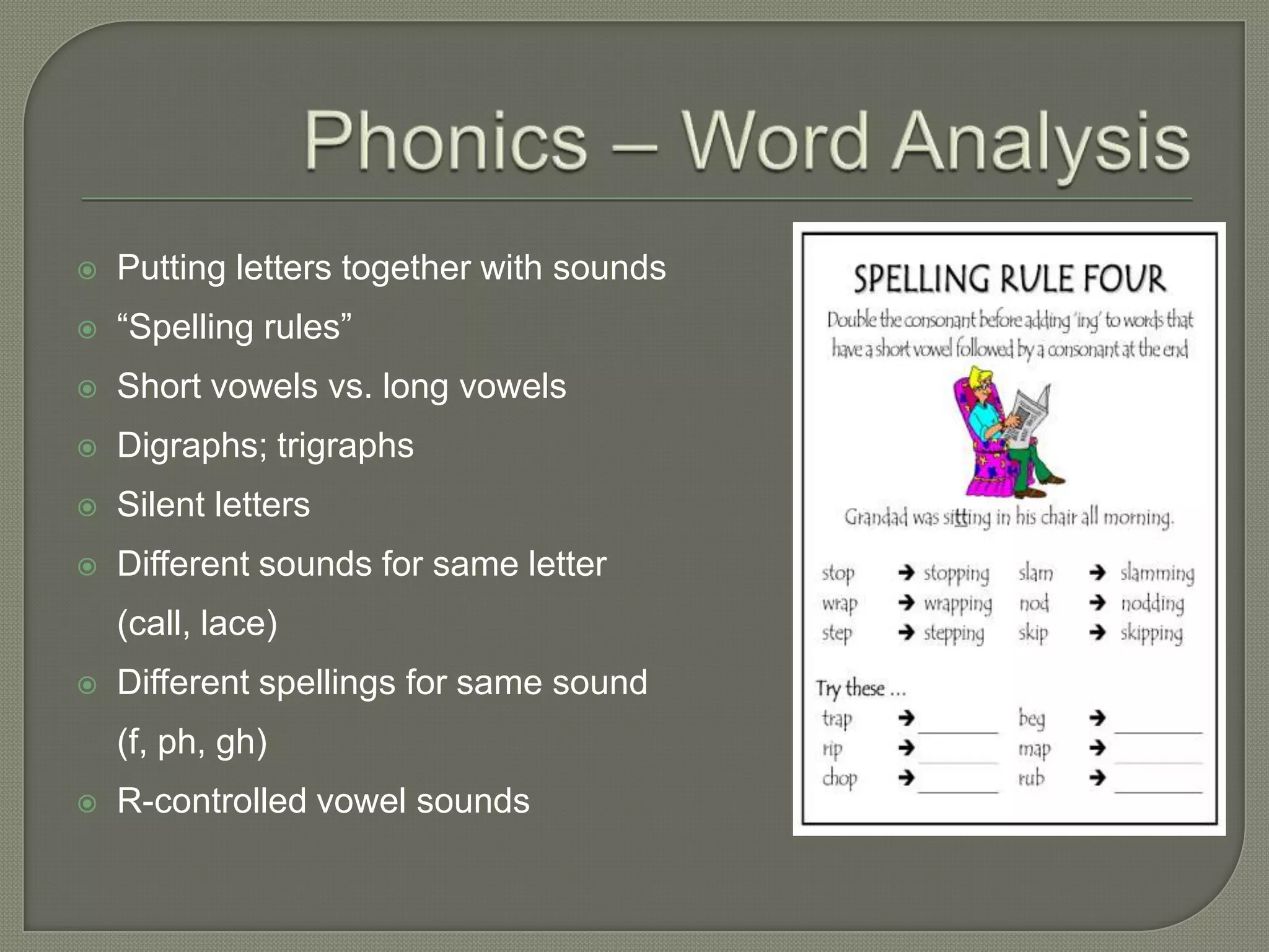 Phonics – Word AnalysisPutting letters together with sounds“Spelling rules”Short vowels vs. long vowelsDigraphs; trigraphsSilent lettersDifferent sounds for same letter 	(call, lace)Different spellings for same sound 	(f, ph, gh)R-controlled vowel sounds