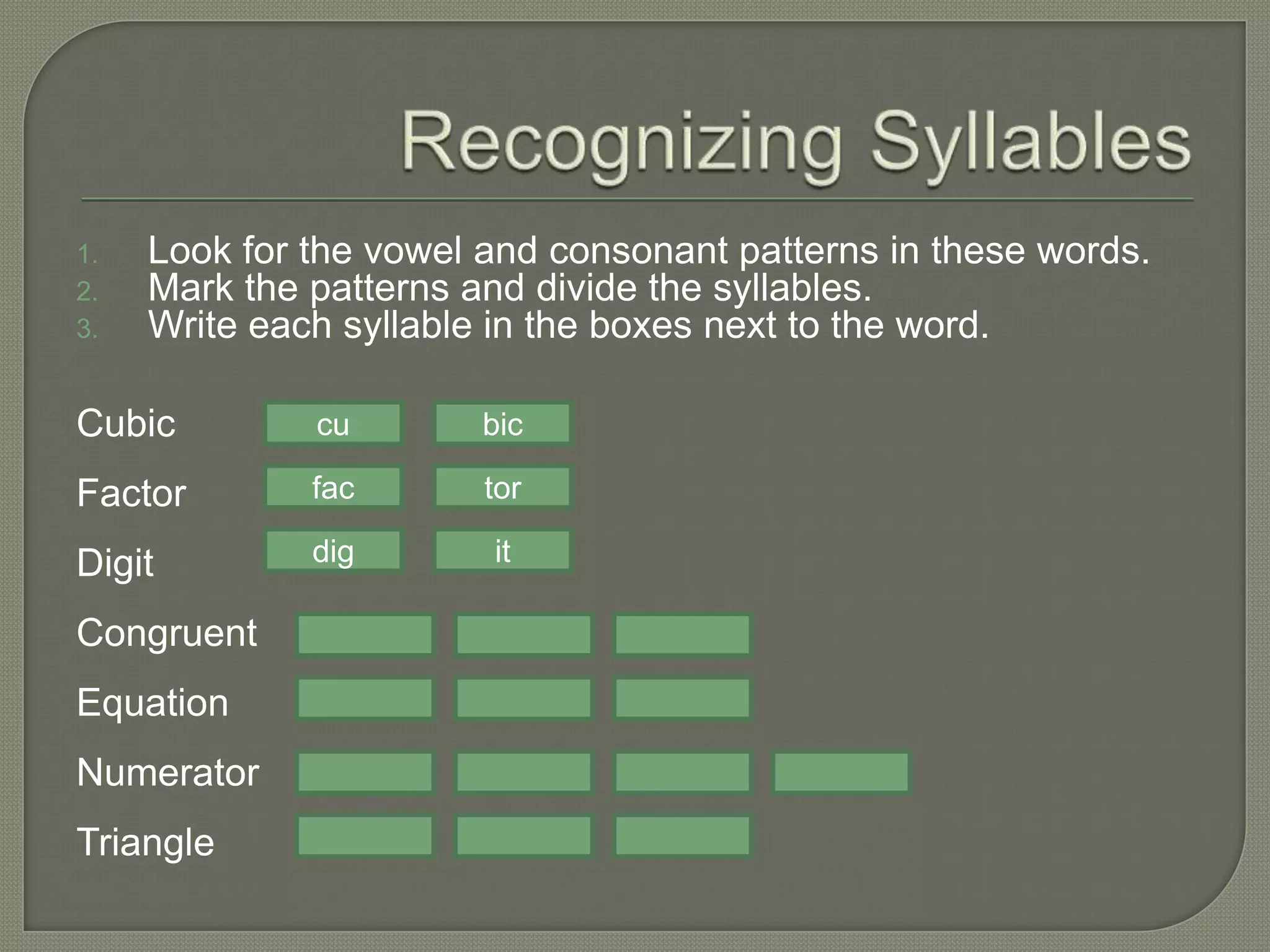 Recognizing SyllablesLook for the vowel and consonant patterns in these words.Mark the patterns and divide the syllables.Write each syllable in the boxes next to the word.CubicFactorDigitCongruentEquationNumeratorTrianglecubicfactordigit