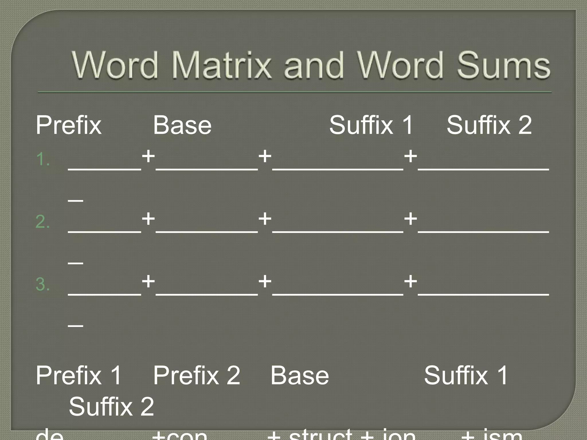 Word Matrix and Word SumsPrefix	Base		Suffix 1	Suffix 2_____+_______+_________+_______________+_______+_________+_______________+_______+_________+__________Prefix 1	Prefix 2	Base	     Suffix 1 Suffix 2de______+con____+ struct + ion___+ ism